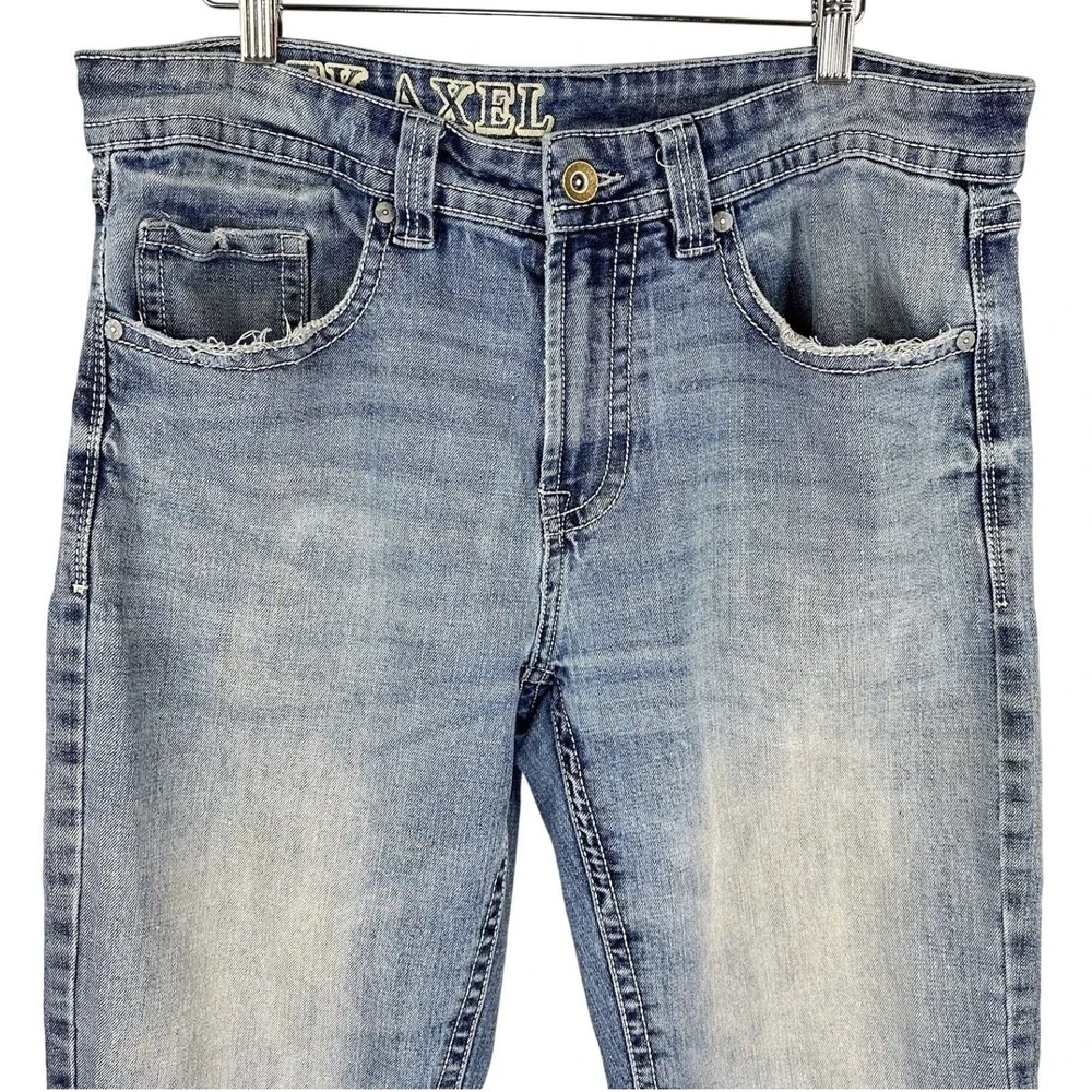 TK Axel Straight Leg Jeans Harbor Blue Embroidered Pockets Distressed Mens 34x32